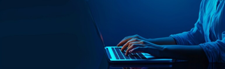 A closeup of hands typing on an open laptop emitting a blue glow, perfect for illustrating technology, work, or online communication themes in a web banner format.