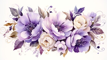 Watercolor painting of a bouquet of purple and white flowers.