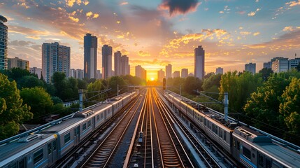 Beautiful sky and sunrise on the beautiful train tracks passing through the middle of the capital. On both sides there are parks and full of tall buildings. Gives a feeling of stability and freshness.