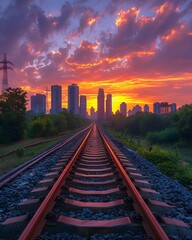 Fototapeta premium Beautiful sky and sunrise on the beautiful train tracks passing through the middle of the capital. On both sides there are parks and full of tall buildings. Gives a feeling of stability and freshness.