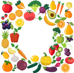 Fruits and vegetables collection. Illustration in flat style. Cute colorful vector illustration template with different types of fruits and vegetables