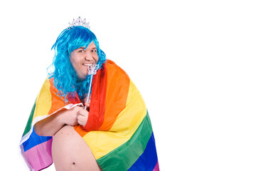 Funny guy dressed as a gay fairy. White background.