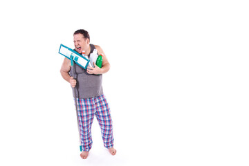 Funny fat man posing in studio.