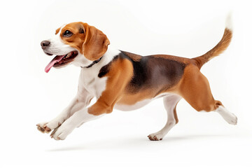 An adult Beagle dog runs on a light white background