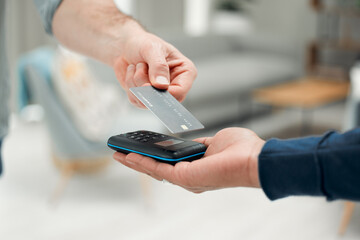 Tapping, hands of people and credit card with machine in office for payment, transaction or...
