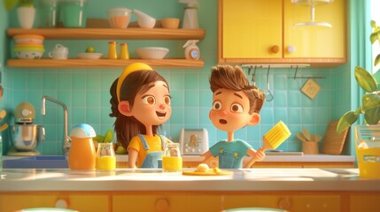 3D cartoon of a family using eco-friendly cleaning products like vinegar and baking soda solutions, reusable cleaning cloths, recycled plastic broom.