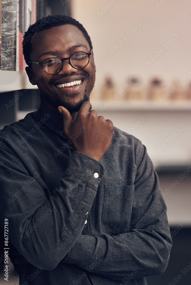 Poster Smile, pride and portrait of architect in office with information books by shelf at startup company. Happy, confident and black man with career in architecture working on industrial design project.