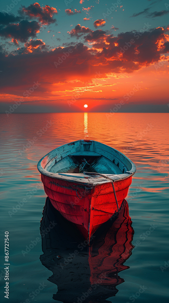 Poster boat in the sea at sunset