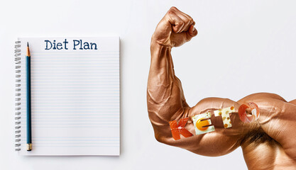 Naklejka premium keto diet plan concept muscular well-trained arm large bicep isolated empty white paper background 