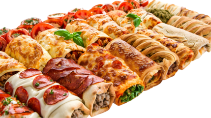  An assortment of strombolis - pepperoni, veggie, and meatball - arranged neatly on a pristine white 