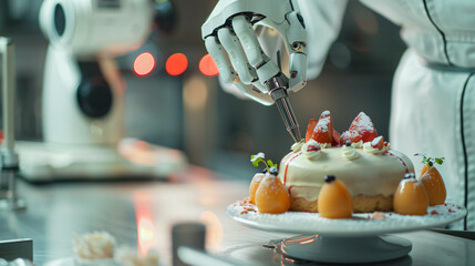 A robotic arm decorates a cake with precision in a modern kitchen, showcasing advanced technology in culinary arts.