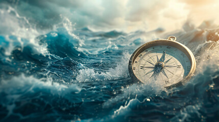 Antique compass floating amidst turbulent ocean waves with dramatic skies, symbolizing direction and exploration at sea.