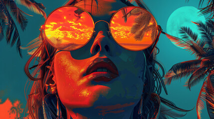 Vibrant tropical-themed digital art of a person wearing reflective sunglasses, showcasing an artistic blend of colors, sunset, and palm trees.