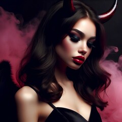 Naklejka premium pretty young female devil with long black horns. pink smoke and black background. brunette with blood red lips and pale skin.