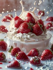 Dynamic milk splash with strawberries, designed for professional use, copy space available