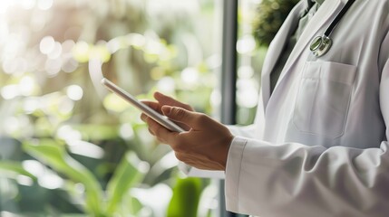 A healthcare professional in a white lab coat with a stethoscope around the neck is using a tablet.