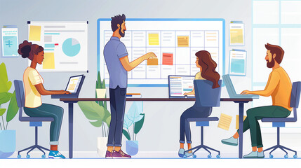 Illustration of business people working together in office
