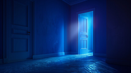 Obraz premium Interior of blue room with a door with light