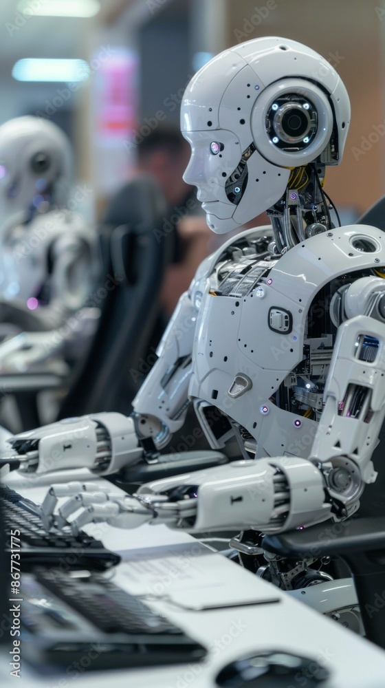 Poster A humanoid robot sits at a desk, using a computer keyboard in a futuristic office setting