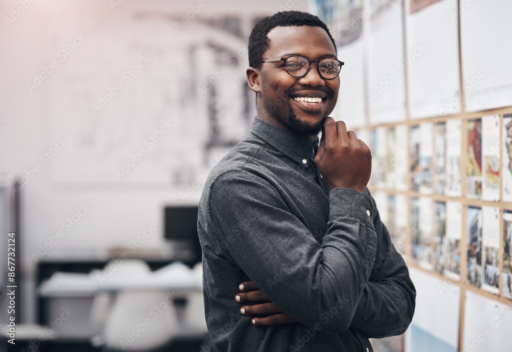 Poster Smile, confident and portrait of architect in office with information on pinboard at startup. Happy, pride and professional black man with career in architecture working on industrial design project.