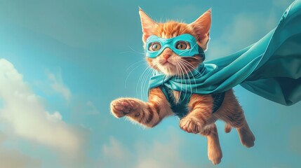Heroic orange tabby kitten in blue cloak and mask soaring on a light blue background, comical and dynamic, digital art, bright and cheerful