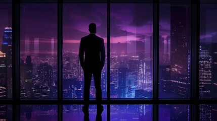 Fototapeta premium Cityscape Solitude: Businessman's Silhouette in Urban Night Setting