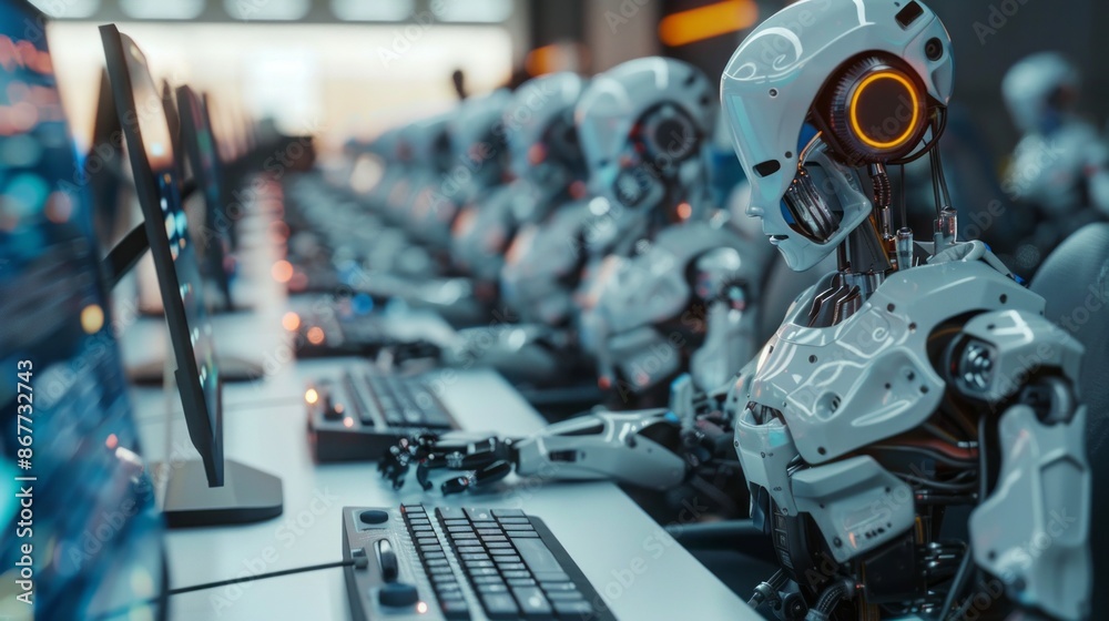 Aufkleber A row of robots diligently work at computer workstations in a futuristic data center