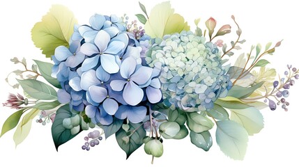 Watercolor illustration of blue hydrangeas and greenery.
