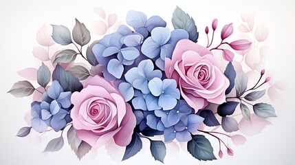 Watercolor floral arrangement with pink roses and blue hydrangeas.