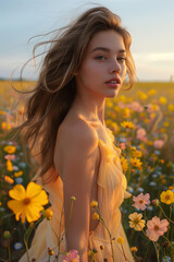 Naklejka premium girl in the field of sunflowers at sunset