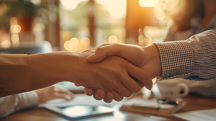 Couple Shaking Hands with Real Estate Agent in Office