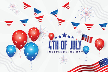 4th of July Happy Independence Day background design with blue color and red color balloon American flag on white color background. Independence Day banner design. Star. 4th of July template.
