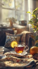 Freshly brewed tea with a slice of lemon, Cozy, Soft lighting, High detail, 3D rendering