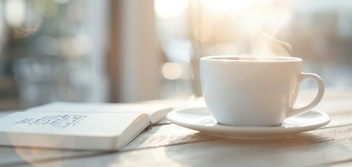 Fototapeta premium Relaxing atmosphere in a cafe with a book and steaming herbal tea on a sunlit table, emphasizing tranquility.