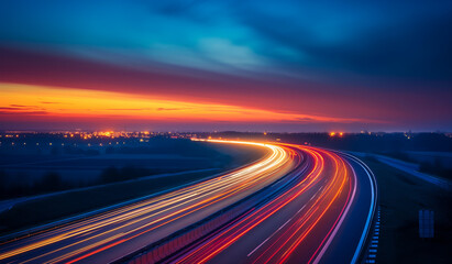 Fototapeta premium Highway at night with long exposure lights and streaks of light from cars driving fast.