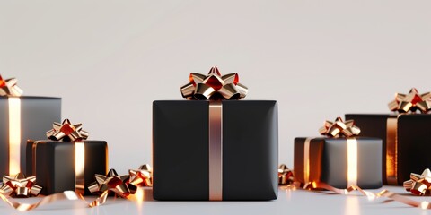 Black gift boxes with copper ribbons on a light background. Modern and elegant design perfect for luxury gift presentations and holiday decor