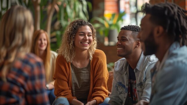 Diverse group of young adults talking and laughing in a support group meeting. Concept of community, therapy, mental health, and friendship - Powered by Adobe
