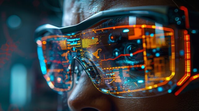 Close-up of person wearing futuristic AR glasses with glowing holographic interface. Concepts. augmented reality, technology, metaverse, future