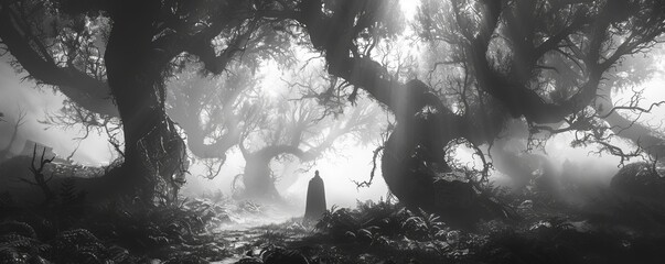 Across the wilds of a cursed forest, shadows dance amidst the twisted trees, their whispers promising untold horrors to those who dare to listen.