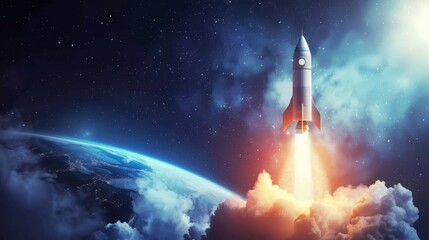 Fototapeta premium Rocket Launching into the Cosmos, A powerful rocket ascends from Earth into the vast expanse of space, leaving a trail of fire and smoke against a backdrop of stars and the glowing horizon.