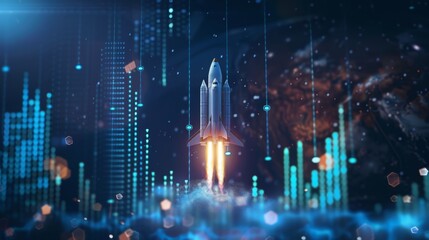Financial Rocket Launch, A high-tech rocket launches amidst a digital landscape filled with financial data and graphs, symbolizing the rapid growth and innovative advancements in the financial sector.