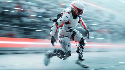 Obraz premium An athlete wearing a high-tech exoskeleton suit, performing incredible feats of strength and agility in a futuristic sports arena, with a crowd cheering and advanced monitoring systems analyzing