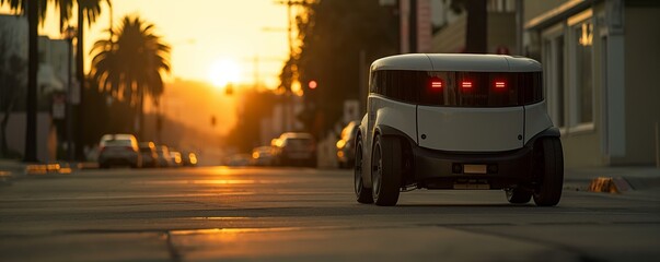 Obraz premium An autonomous delivery robot is pictured at sunset, cruising down a suburban street lined with parked cars