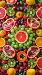 Creative fruit arrangement forming a colorful mandala, Mandala, Bright tones, High detail, Digital art