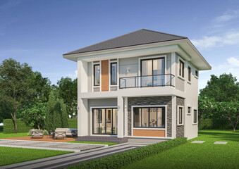 contemporary house exterior day light with lawn grass.3d rendering