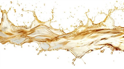 A close-up photo of a splash of golden oil or liquid gold suspended in mid-air on a white background.