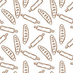 Bakery bread pattern in retro style. Vintage breads shop endless background. Can user for wrapping, labels. Bakery outline pattern.