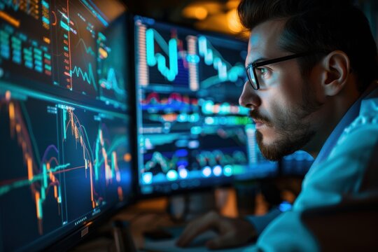 European-American financial analyst analyzing market data, professional office, detailed and focused