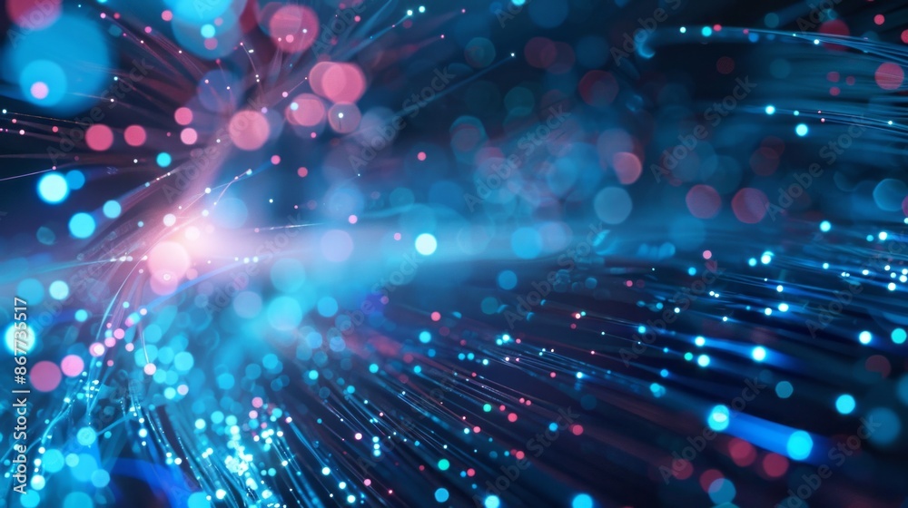 Poster Close-up of glowing fiber optic cables in abstract background. Mesmerizing pattern of light and color represents the rapid flow of information in digital age
