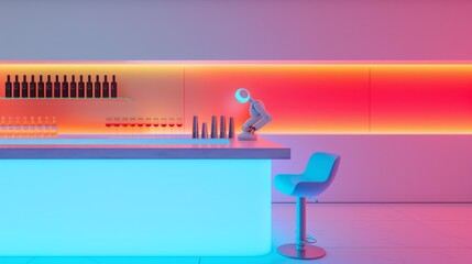 A neon-lit bar with robotic bartenders mixing colorful